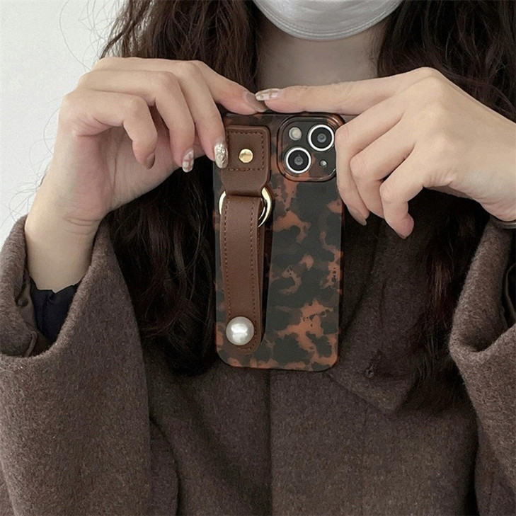 aaknhen Compatible with iPhone 16 Pro Max Tortoise Shell Retro Phone Case with Adjustable Wristband Strap KickstandCute