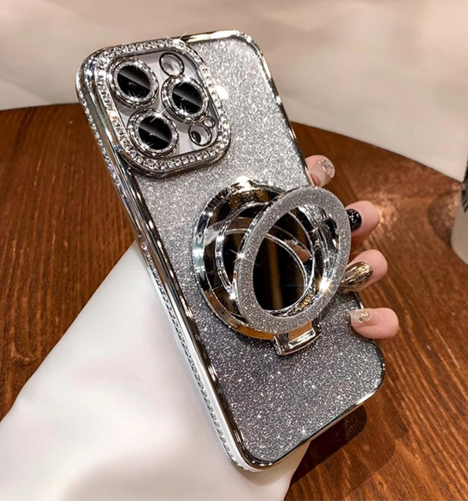 BANAILOA Compatible with iPhone 16 Pro Case with KickstandLuxury Plating Bling Glitter Case Rhinestones Sparkle Soft Cam