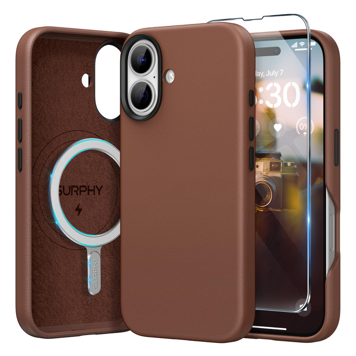 SURPHY Leather Case for iPhone 16 Plus Case with Screen Protector Compatible with MagSafe Faux Leather Phone Case Metall