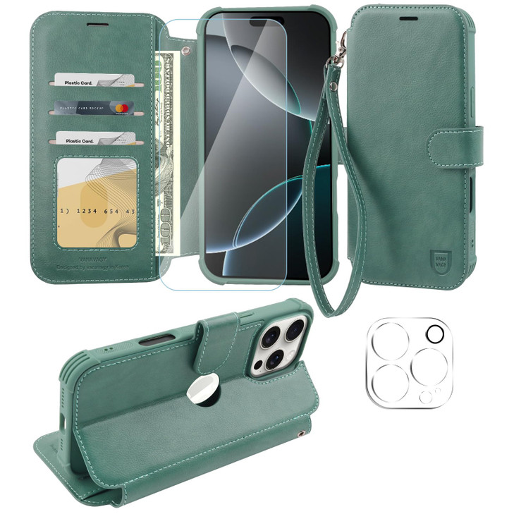 VANAVAGY Compatible for iPhone 16 Pro Max Wallet Case PU Leather Flip Cover with RFID Blocking Card Holder Wrist Strap K