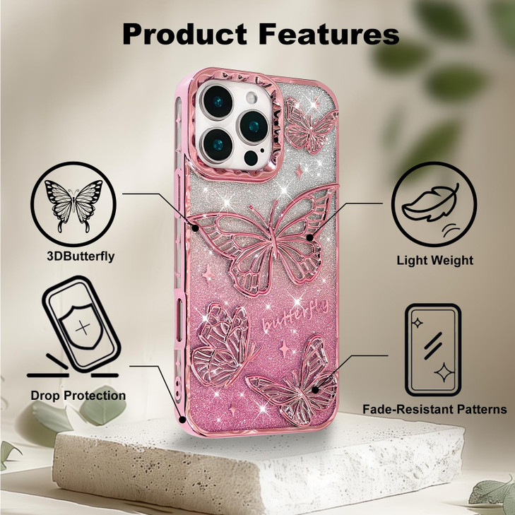 TEAUGHT for iPhone 16 Pro 63 Case Bling Cute Glitter 3D Butterfly Designed for Women Girls Luxury Plating Sparkle Slim S