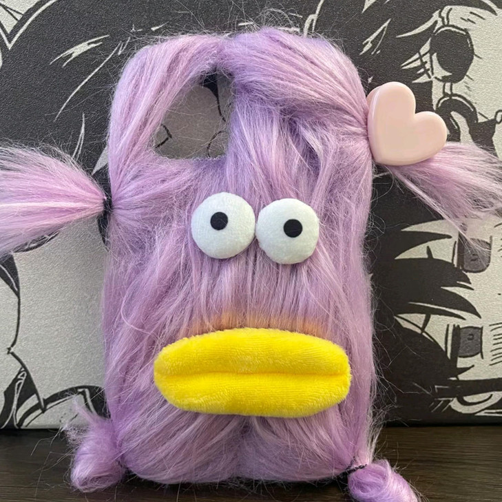 Aeilene Purple Plush Phone Case for iPhone 16 Plus Cute DIY Long Hair Funny Face Warm Furry Cases 3D Cartoon Silly Fuzzy