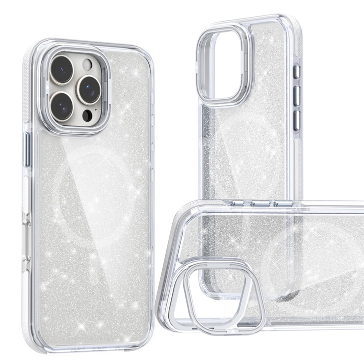 Fofvccv Magnetic for iPhone 16 Pro Case with with Camera Lens Ring Stand Compatible with MagSafe Clear Bling Glitter Sli