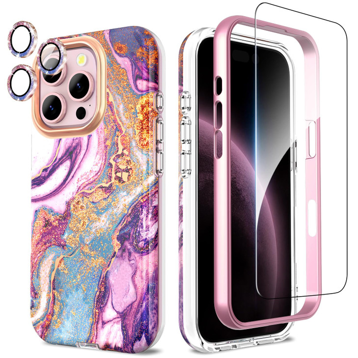 SHEDEER for iPhone 16 Pro Case with Glitter Camera Protector Screen Protector AntiYellowing Chic Pattern Shockproof Drop