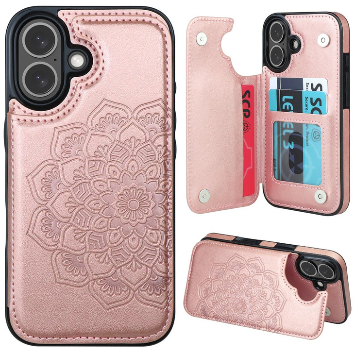 MMHUO for iPhone 16 Plus Case with Card Holder Rose Gold Flower Magnetic Clasp Flip Case for Women Protective Case Phone