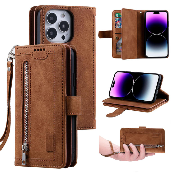 UEEBAI Wallet Case for iPhone 16 Pro 9 Card Holder Slots Zipper Pocket Handbag Cover Magnetic Closure Kickstand with Wri