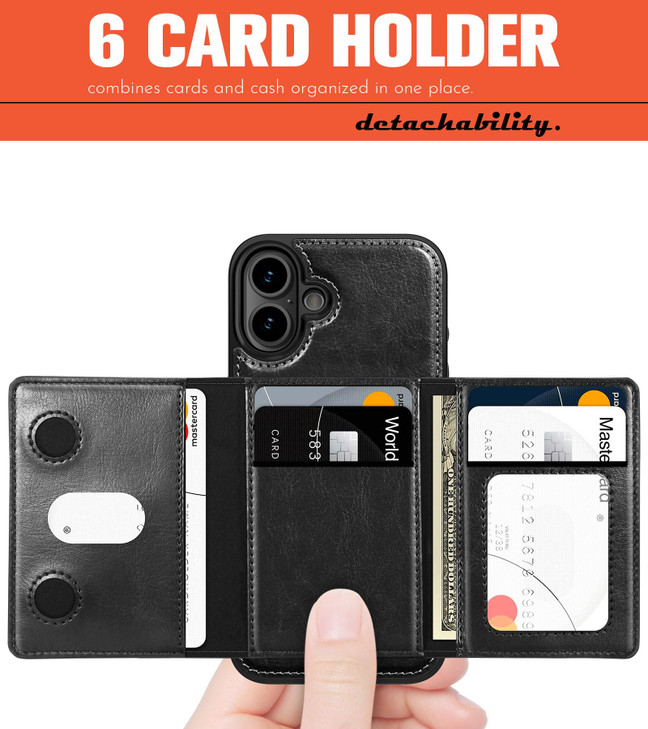 LOHASIC for iPhone 16 Plus Case Wallet 6 Card Holder RFID Blocking Wallet Compatible with MagSafe Detachable Portfolio B