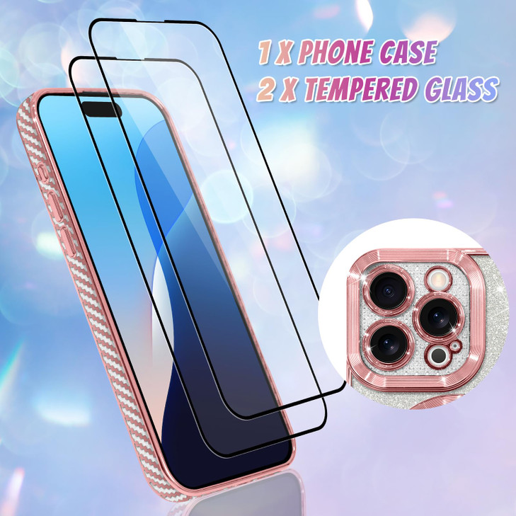 Bonoma Compatible with iPhone 16 Pro Max Case Support for MagSafe Plating Heart Glitter Magnetic 2 Screen Protector TPU