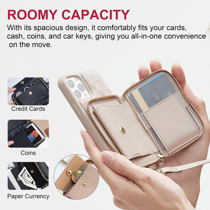 JUSTRAL Crossbody Wallet Case for iPhone 16 Plus Quilted PU Leather Zipper Phone Purse with Card Holder Coin Pocket Kick