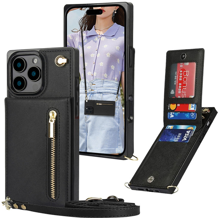 Ysnzaq Crossbody Wallet Case for Apple iPhone 16 Pro Max with Detachable Lanyard Strap PU Leather Magnetic Closure Flip