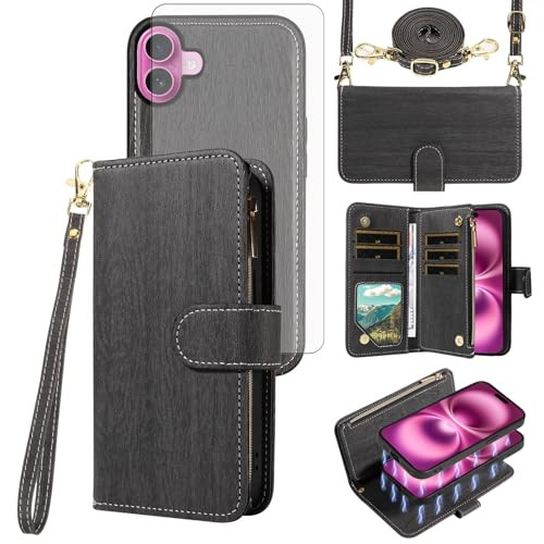 Asuwish Phone Case for iPhone 16 Plus 67 inch Zipper Wallet Magnetic Detachable Cell Cover with Tempered Glass Screen Pr