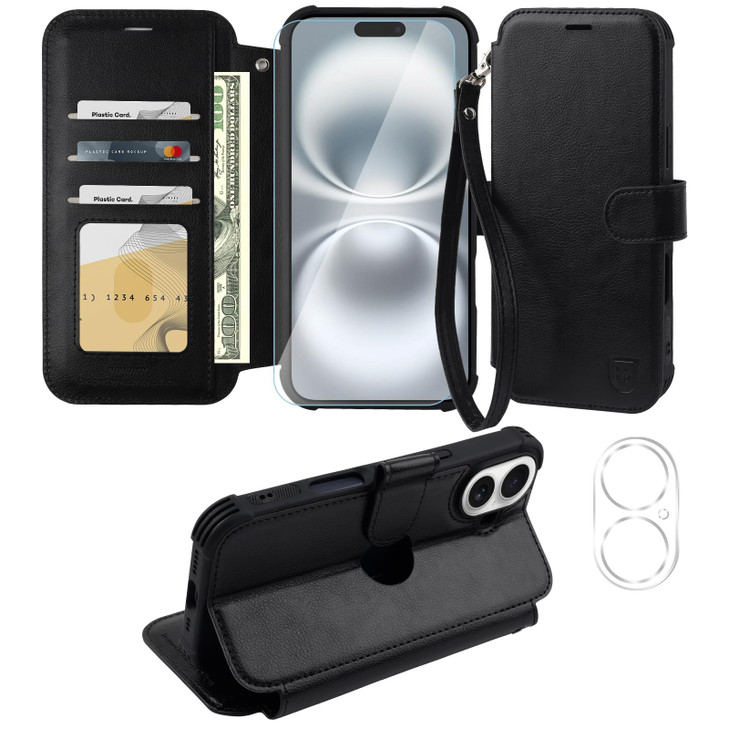 VANAVAGY Compatible for iPhone 16 Plus Wallet Case PU Leather Flip Cover with RFID Blocking Card Holder Wrist Strap Kick