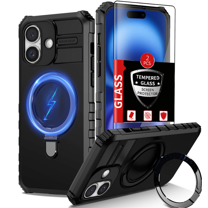 FRLMOOES for iPhone 16 Case Magnetic Compatible with MagSafe Wireless Chargingwith 2 Screen ProtectorsBuiltin Kickstand