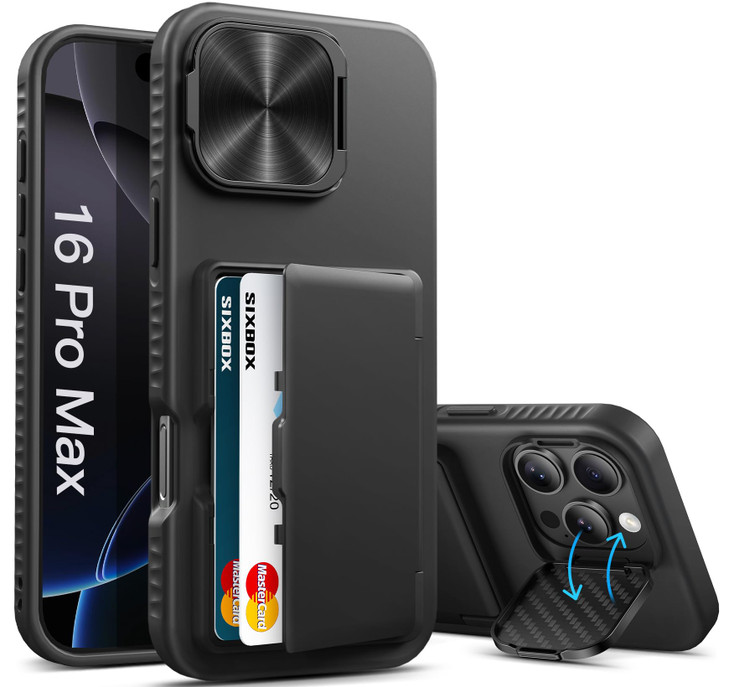 SIXBOX for iPhone 16 Pro Max Case with Card Holder Kickstand Camera Cover Full Body Protective Silicone Edge Multifuncti