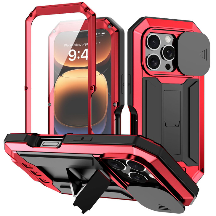 JINGANGYU Compatible with iPhone 16 Pro Max Metal Heavy Duty Case with Camera Cover Stand Screen Protector Kickstand Ful