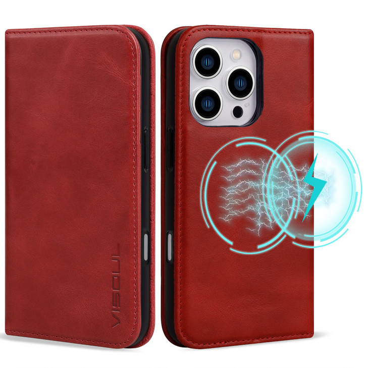 VISOUL Case for iPhone 16 Pro Genuine Leather Wallet Case Magnetic Flip Folio Cover Card Holder Kickstand Compatible wit