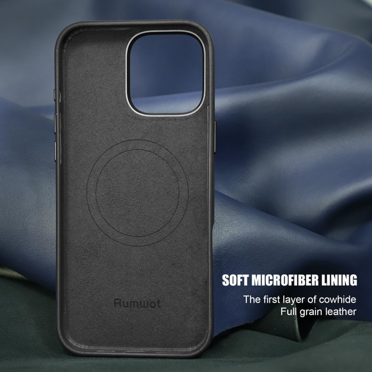 Rumwot for iPhone 16 Pro Max Leather Case Compatible with Magsafe and Wireless Charge Full Grain Genuine Leather Metal B