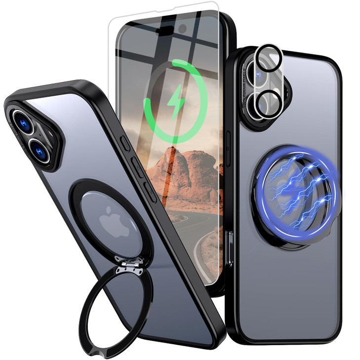 Bonkier for iPhone 16 Case with Screen Protector Lens Protector 15 FT Military Drop Protection Magnetic Kickstand Compat