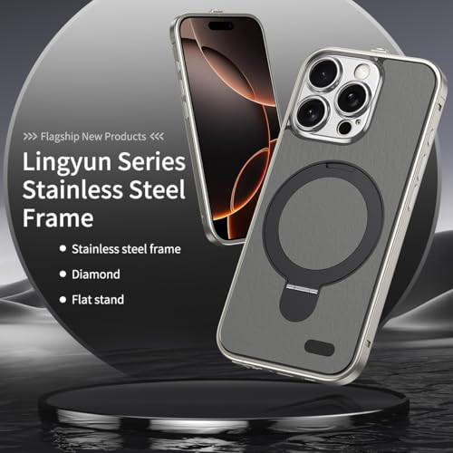 LUVI Compatible with iPhone 16 Pro Max Bumper Stand Case Metal Frame Lock Magnetic Kickstand PU Leather Back Thin Slim L