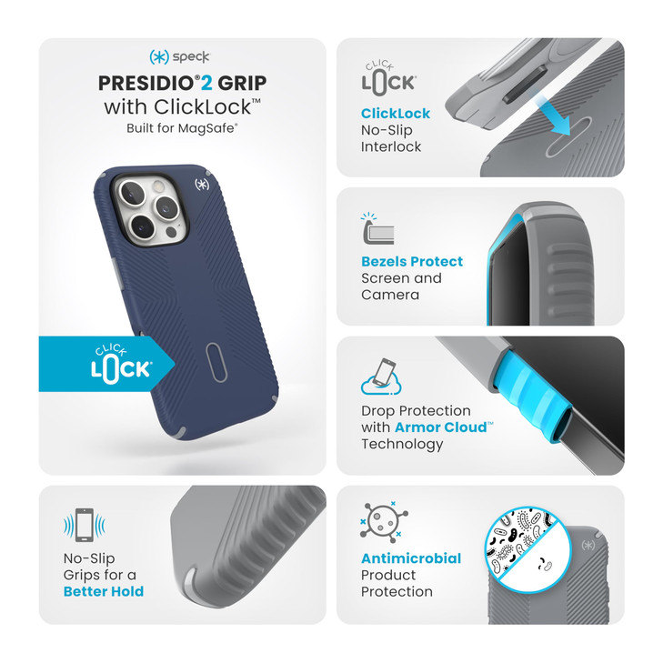 Speck Blue iPhone 16 Pro Case MagSafe and ClickLock Slim Phone Case iPhone 16 Pro iPhone 16 Pro Phone Case Presidio 2 Gr