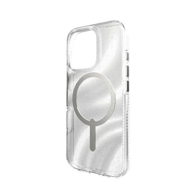 ZAGG Milan Snap Case for iPhone 16 Pro White Glitter Swirl on Clear Base MagSafe Compatible 13ft Drop Protection Recycle