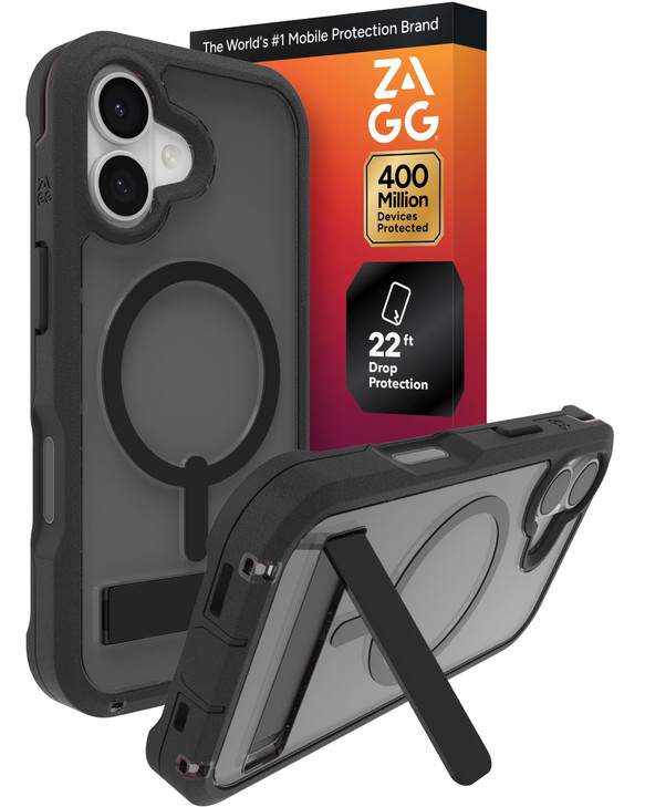 ZAGG Rainier Case with Kickstand for iPhone 17 Smoke Black Graphene 22ft 7m Drop Protection Lanyard Attach Points MagSaf