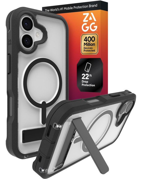 ZAGG Rainier Case with Kickstand for iPhone 17 Black Graphene 22ft 7m Drop Protection Lanyard Attach Points MagSafe Wire