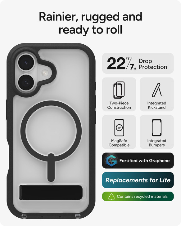 ZAGG Rainier Case with Kickstand for iPhone 17 Black Graphene 22ft 7m Drop Protection Lanyard Attach Points MagSafe Wire
