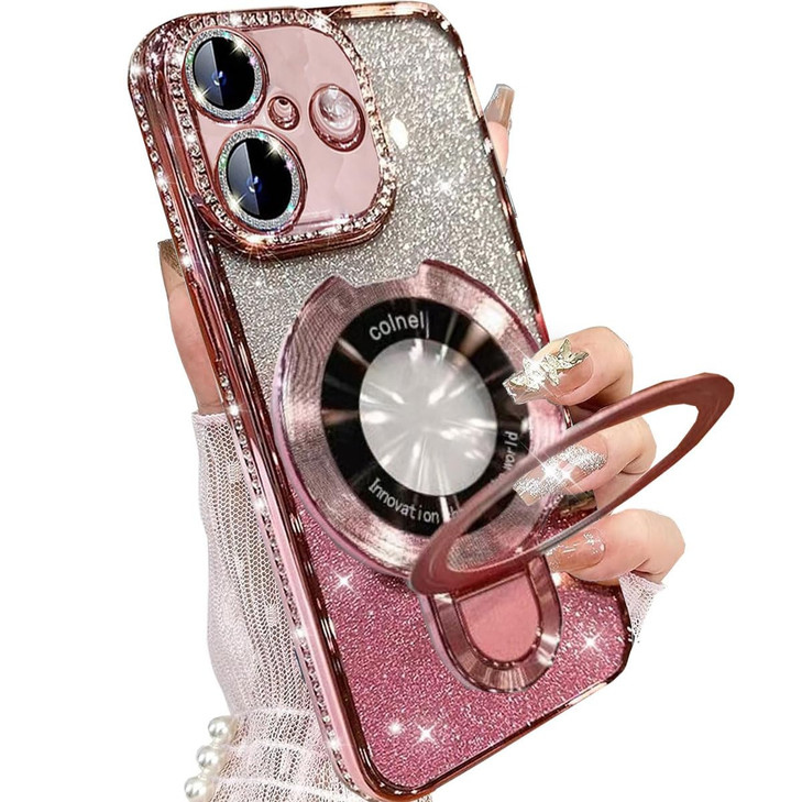 AuroiCCY Magnetic Ring Stand Glitter Case for iPhone 16 Plus Compatible with Magsafe Women Girly Luxury Bling Diamond Rh