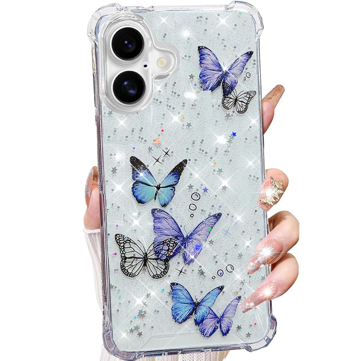 Changjia for iPhone 16 Plus Clear Glitter Butterfly Case Cute Bling Sparkle Shiny Stars Soft Silicone TPU Bumper Four Co