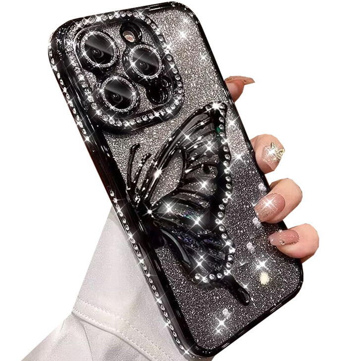 Changjia Glitter 3D Butterfly Case for iPhone 16 Pro Max Cute Luxury Bling Sparkly Diamond Rhinestones Liquid Flowing Ca