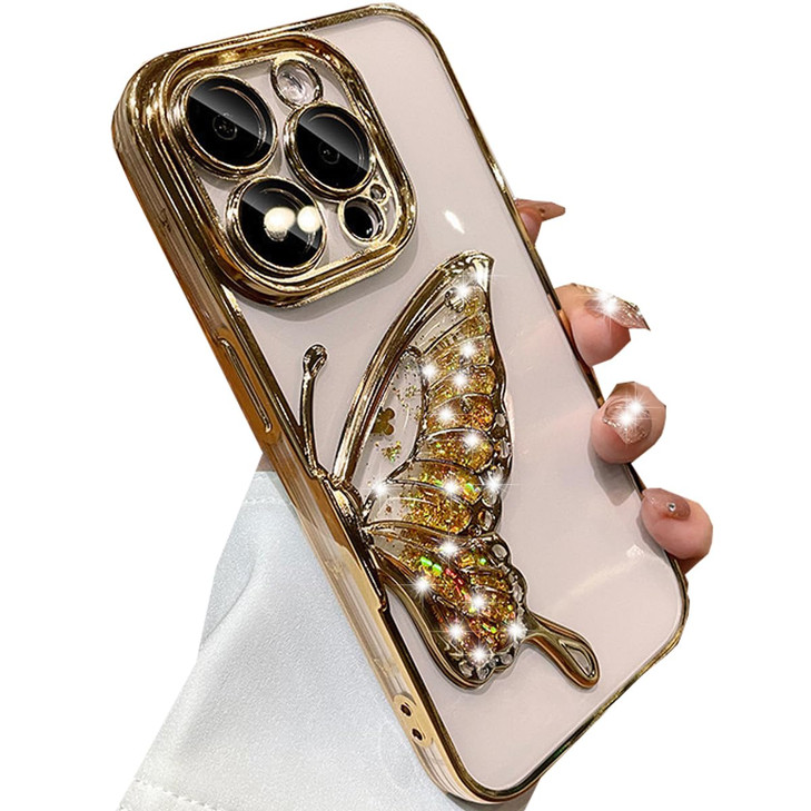 Changjia for iPhone 16 Pro Max Glitter 3D Butterfly CaseCute Luxury Bling Sparkle Liquid Flowing Case with Camera Lens P