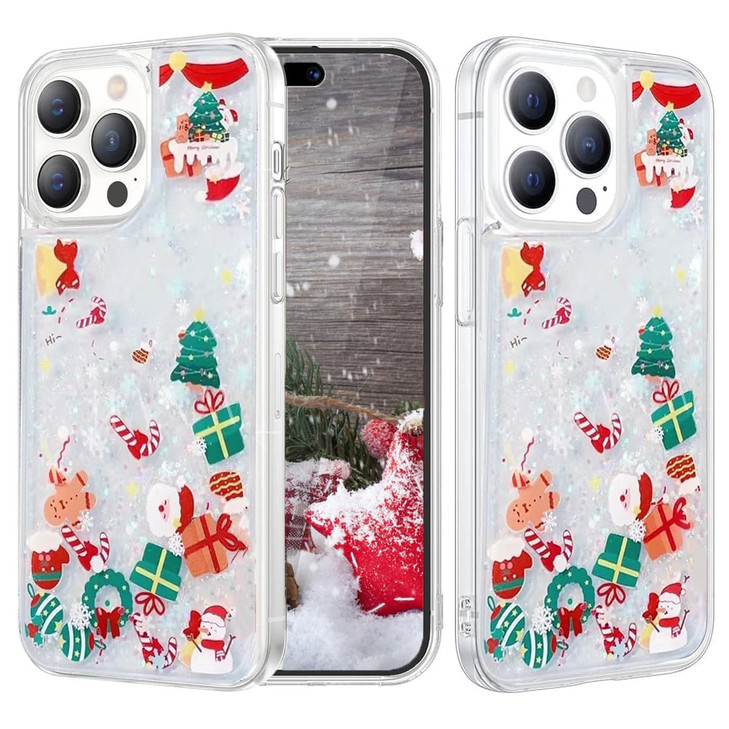 Changjia Glitter Christmas Case for iPhone 16 Pro MaxCute Merry Christmas Liquid Flowing Moving Xmas Santa Tree Snowman