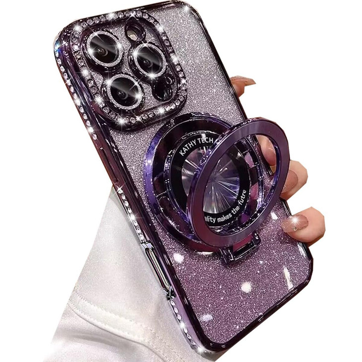Changjia Magnetic Kickstand Glitter Case for iPhone 16 Pro Compatible with Magsafe Luxury Bling Sparkly Diamond Rhinesto