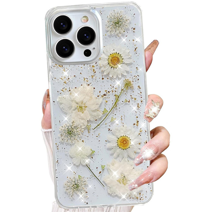 Changjia for iPhone 16 Pro Clear Glitter Floral CaseCute Pressed Real Flowers Design Bling Sparkly White Floral Soft Sil