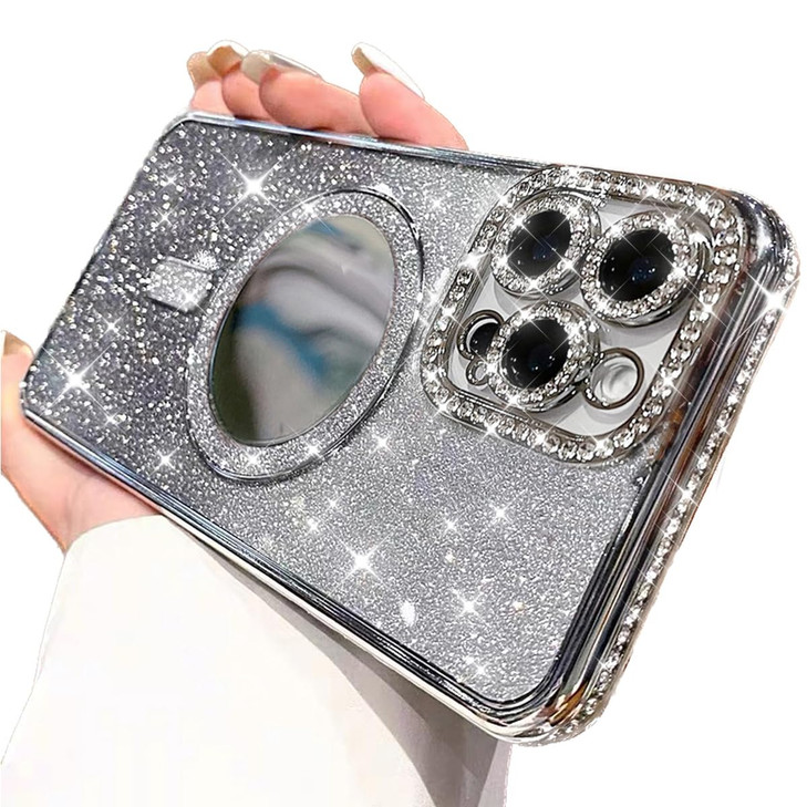 AuroiCCY for iPhone 16 Pro Max Magnetic Case Compatible with Magsafe Shockproof Glitter Makeup Mirror Diamond Camera Pro
