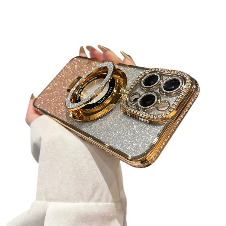 QQicea Bling Glitter Phone Case Compatible with iPhone 16 Pro Kickstand Camera Lens Protector Soft Cover Sparkling Rhine