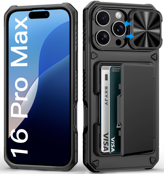 BXYJY for iPhone 16 Pro Max Case Wallet Builtin Card Holder 45 Cards Slide Lens Cover Military Drop Protection Rugged He