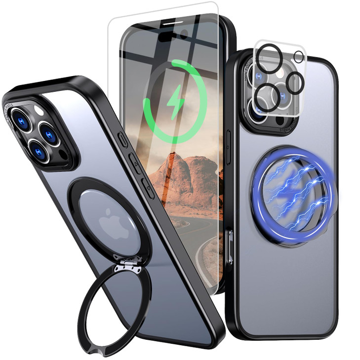 Bonkier for iPhone 16 Pro Max Case with Screen Protector Lens Protector 15 FT Military Drop Protection Magnetic Kickstan