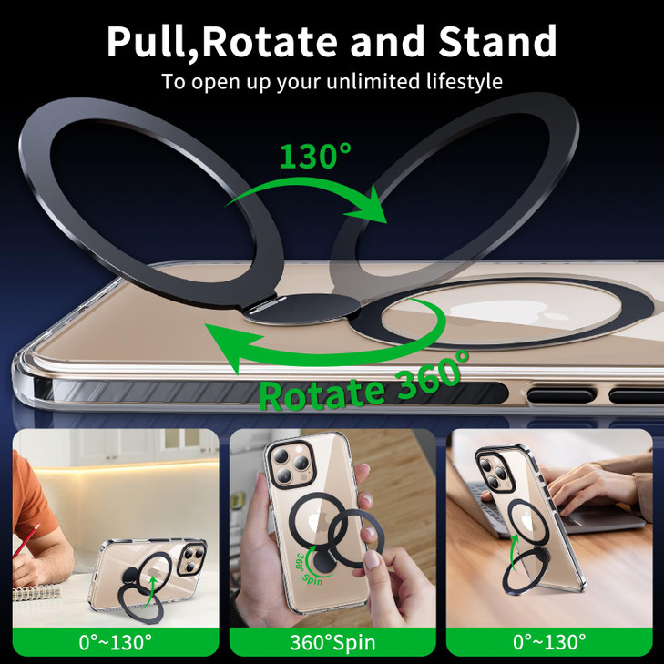 YOOVEI for iPhone 16 Pro Case Clear with Kickstand 360Rotatable Invisible Magnetic Ring Stand Compatible with MagSafe Dr