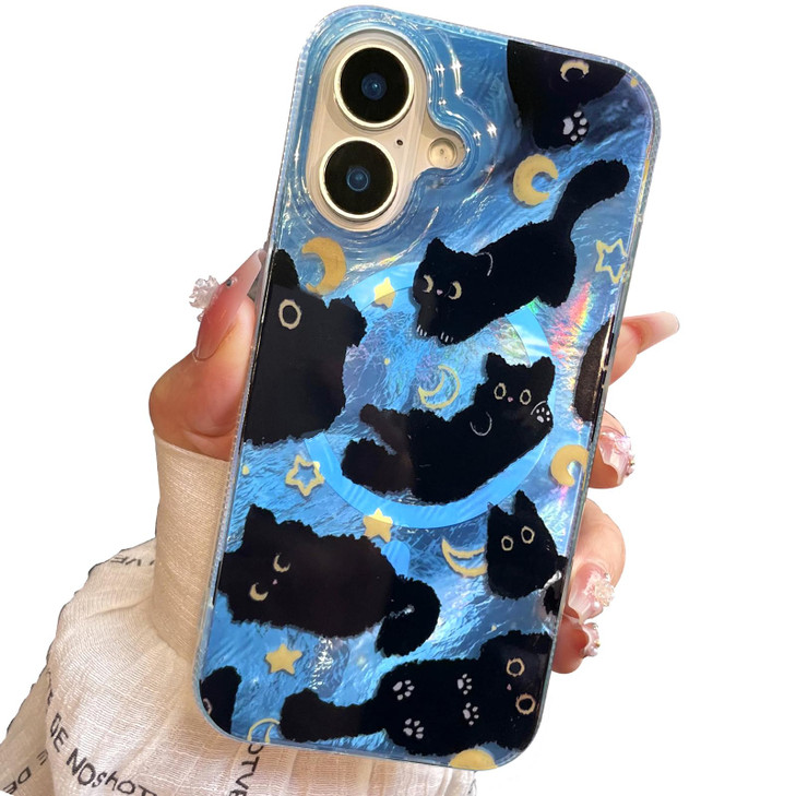 buccilly Compact Case for iPhone 16 Black cat DesignCompatible with Magsafe Cute Soft Slim TPU Shockproof Protective Bum