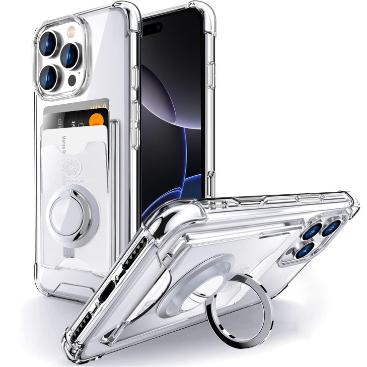 Shields Up Designed for iPhone 16 Pro Case Minimalist Wallet Case with Card Holder 3 Cards Ring StandKickstand Drop Prot