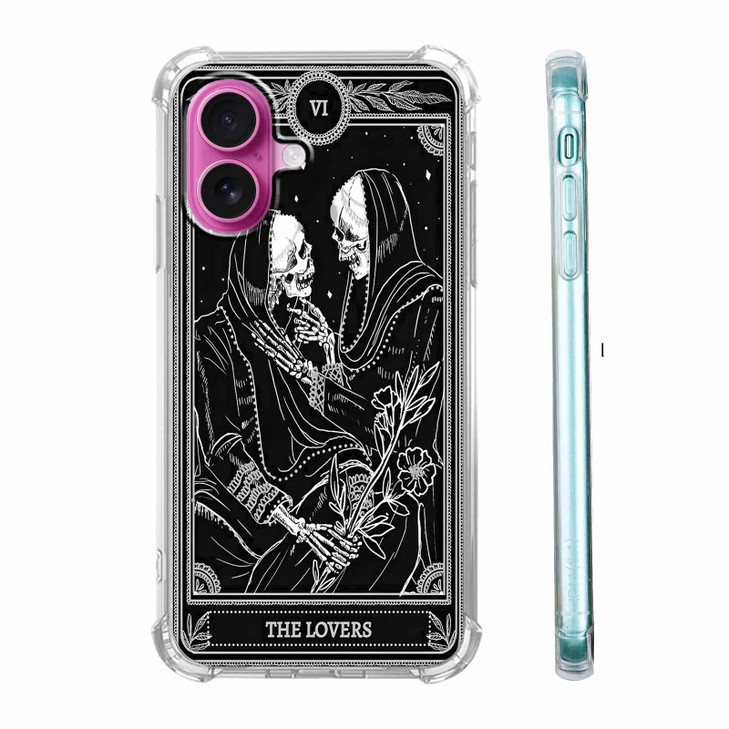 AOSSXIN The Lovers Tarot Card Case for iPhone 16 PlusTrippy Hippie Black Skull PatternSoft TPU Protective Cover Case Com