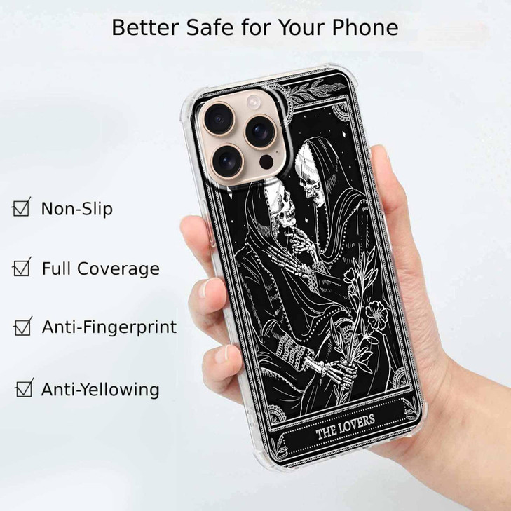 AOSSXIN The Lovers Tarot Card Case for iPhone 16 Pro MaxTrippy Hippie Black Skull PatternSoft TPU Protective Cover Case