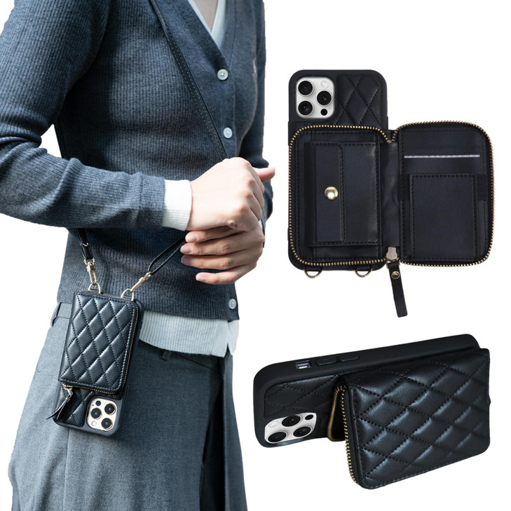 JUSTRAL Crossbody Wallet Case for iPhone 16 Pro Max Quilted PU Leather Zipper Phone Purse with Card Holder Coin Pocket K