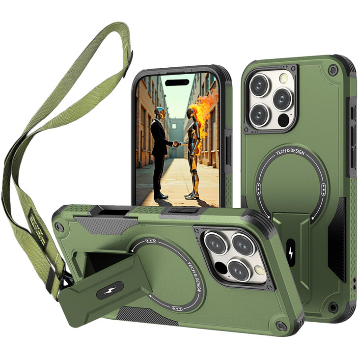 Ephoou for iPhone 16 Pro Max Armor Case with Adjustable Shoulder Lanyard Strap Magnetic Invisible Kickstand Compatible w
