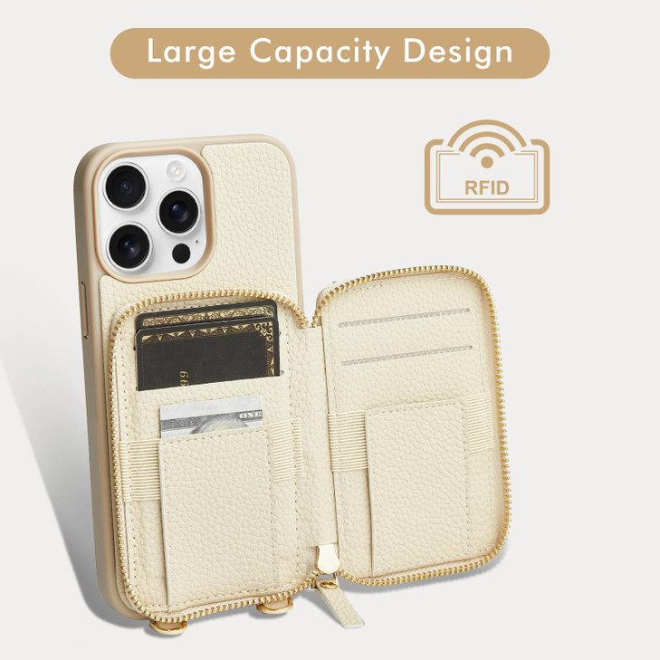 LAMEEKU for iPhone 15 Pro Max Wallet Case with Credit Card Holder Zipper Leather Crossbody Case with Phone Grip Holder S