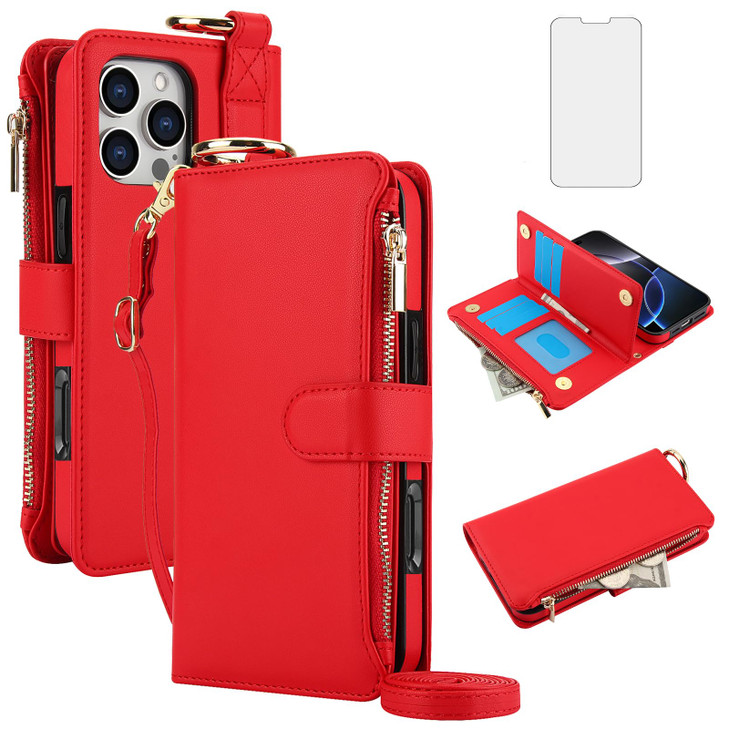 Asuwish Phone Case for iPhone 16 Pro Max Zipper Wallet with Screen Protector Strap Card Holder RFID Blocking Stand Flip