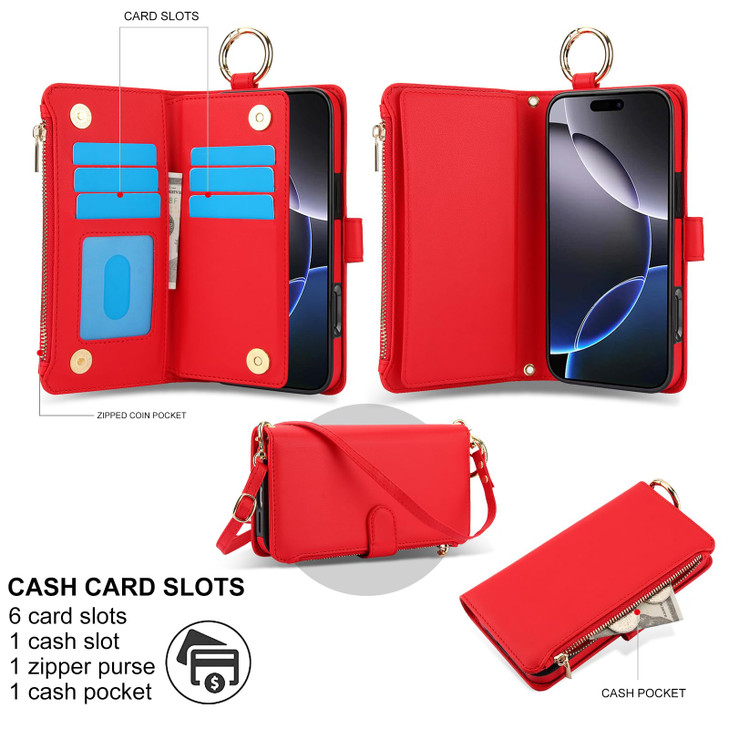 Asuwish Phone Case for iPhone 16 Pro Max Zipper Wallet with Screen Protector Strap Card Holder RFID Blocking Stand Flip