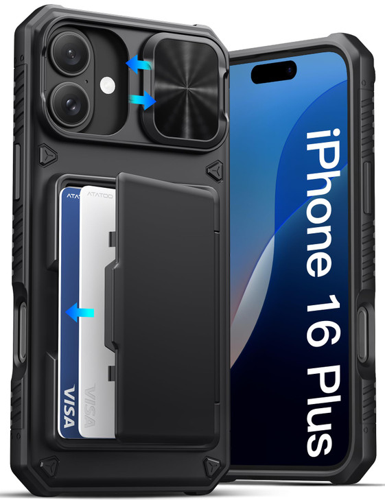 ATATOO for iPhone 16 Plus Case with Card Holder Store 35 Cards RFID Blocking Slide Camera Cover Military Grade Protectio
